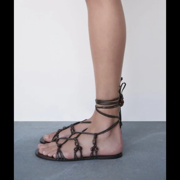 Zara Beaded Lace Up Leather Gladiator Sandals - Picture 2 of 5